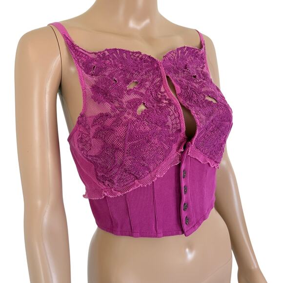Free People Fuchsia Lace Corset Floral Top Barbiecore Coquette Boho Feminine S - Picture 4 of 9